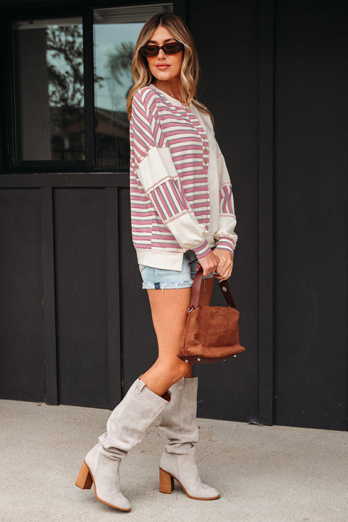 Colorblock Striped Patchwork Henley Pullover Top Exposed-Seam Drop-Shoulder